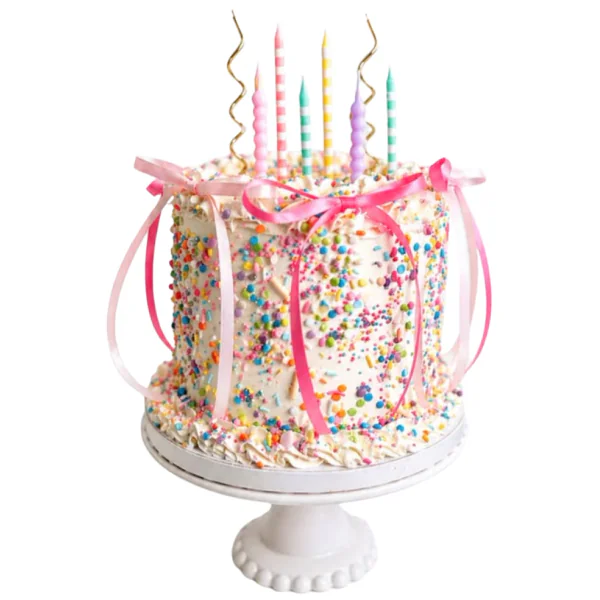 Custom funfetti sprinkle cake with pink ribbons and candles for Austin office birthdays and company milestones